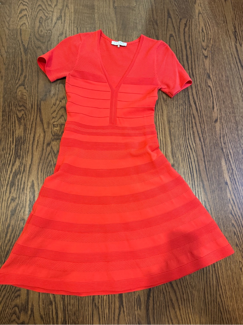 Sandro Size Small Bright Red Short Sleeve V‑Neck Fit & Flare Dress